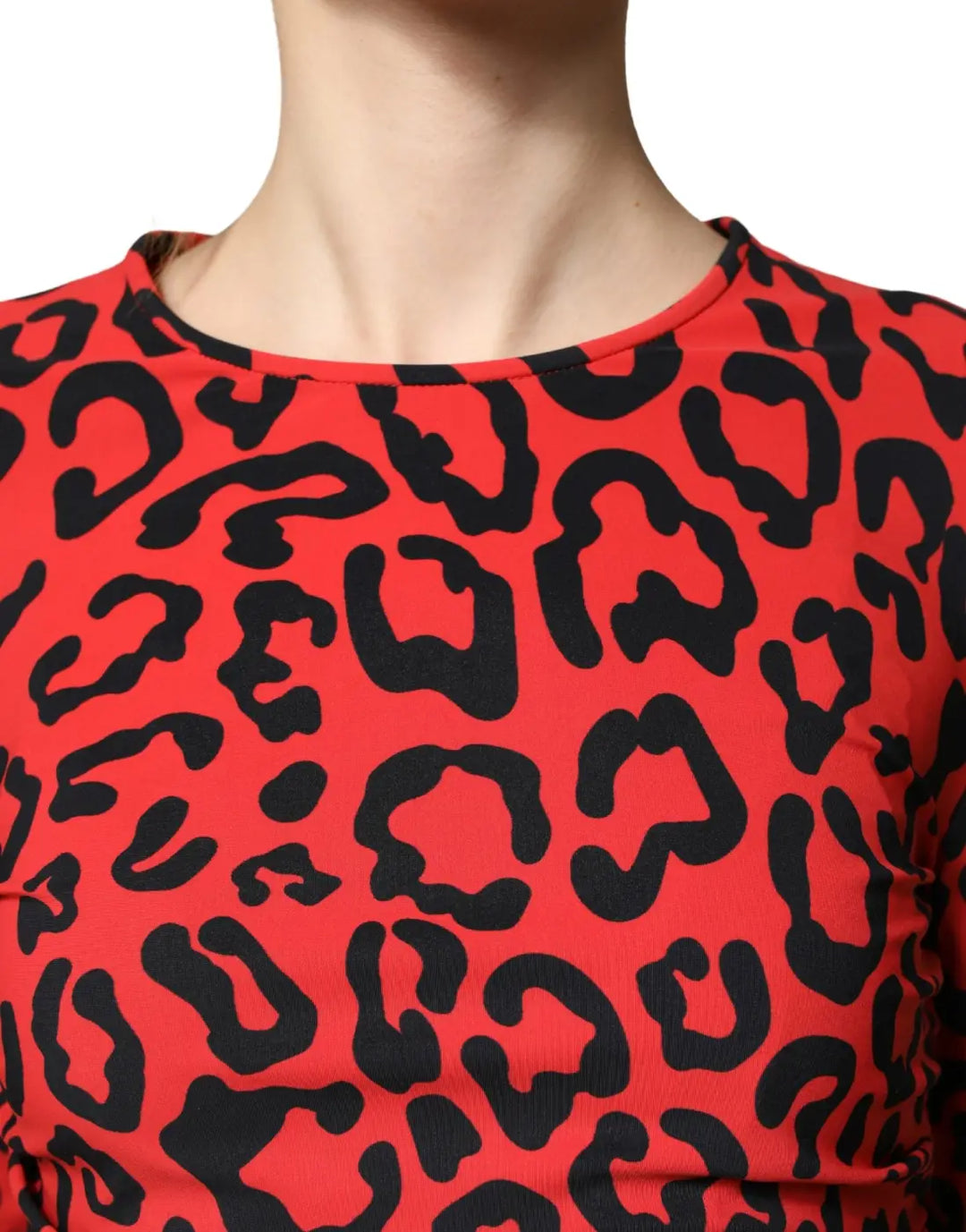 Dolce &amp; Gabbana Red Leopard Print Long Sleeves Midi Dress