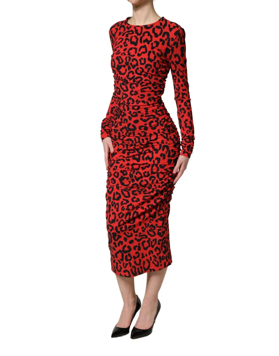 Dolce &amp; Gabbana Red Leopard Print Long Sleeves Midi Dress