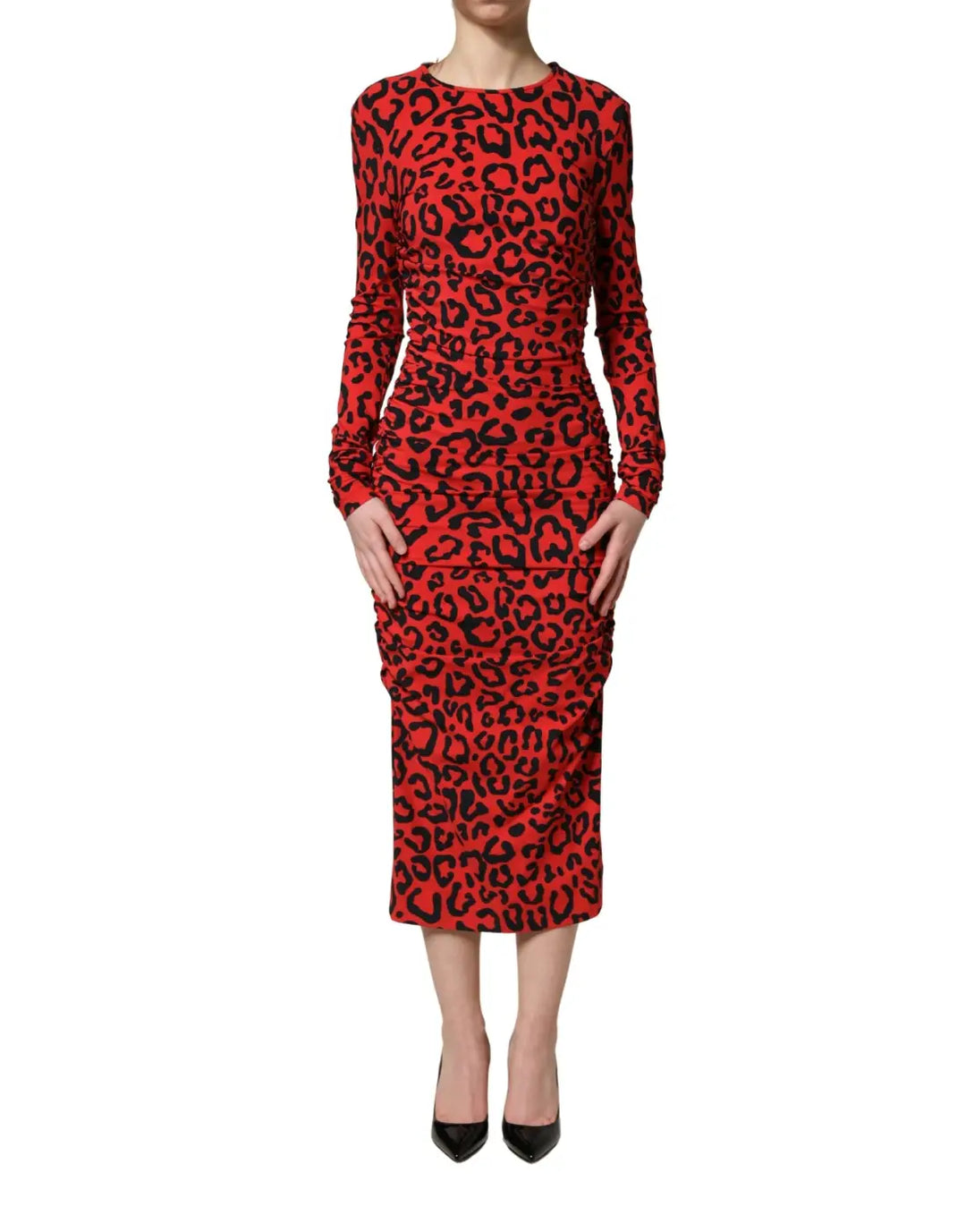 Dolce &amp; Gabbana Red Leopard Print Long Sleeves Midi Dress