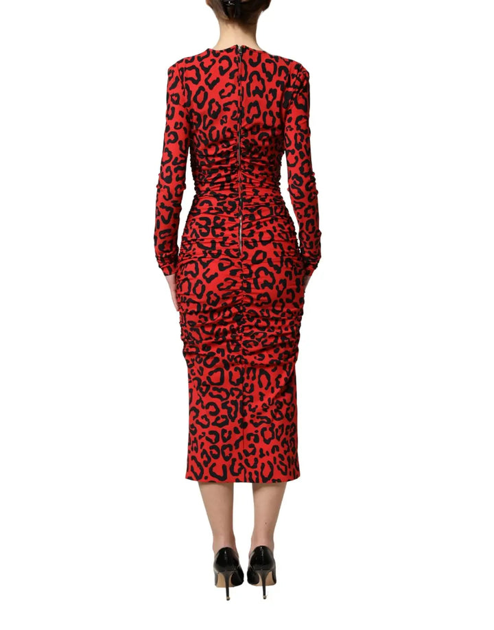 Dolce &amp; Gabbana Red Leopard Print Long Sleeves Midi Dress