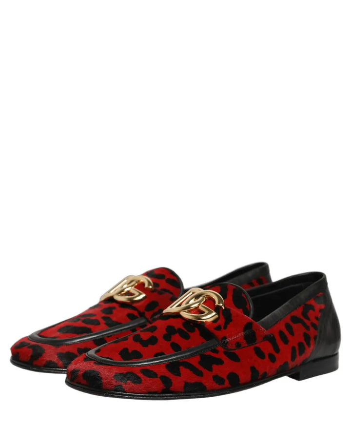 Dolce &amp; Gabbana Red Leopard Print Pony Hair Dress Loafers Shoes
