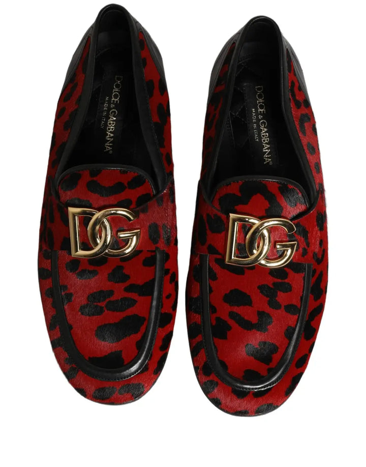 Dolce &amp; Gabbana Red Leopard Print Pony Hair Dress Loafers Shoes