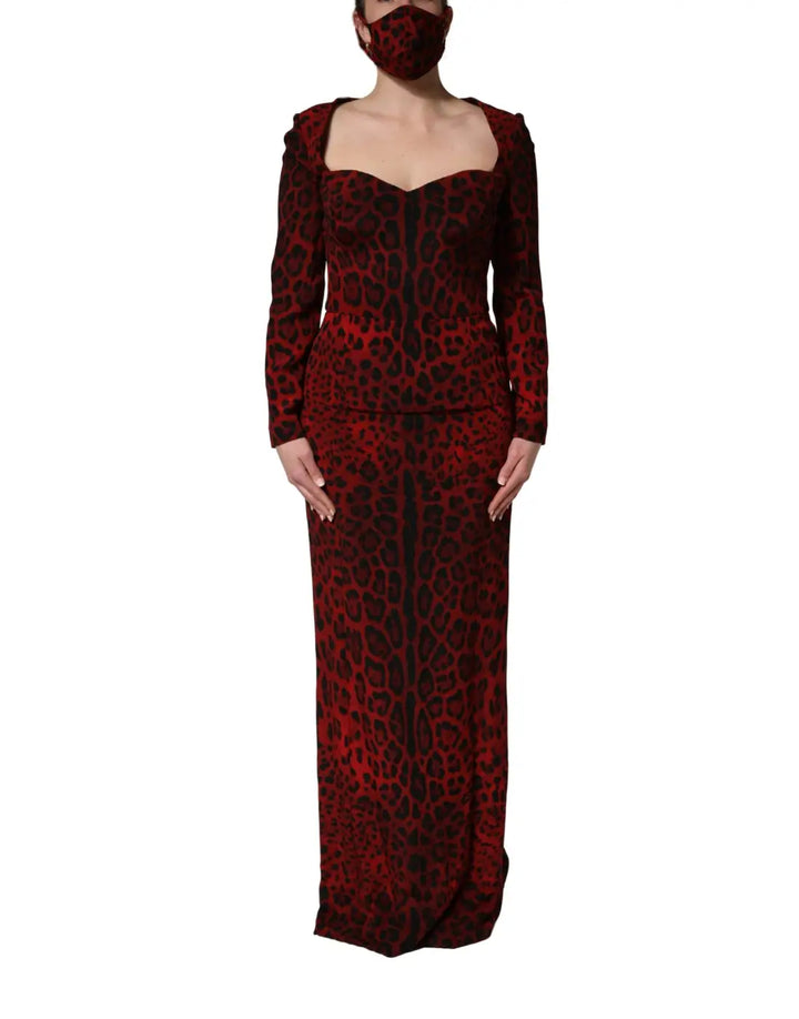 Dolce &amp; Gabbana Red Leopard Print Sheath Long Sleeve Dress