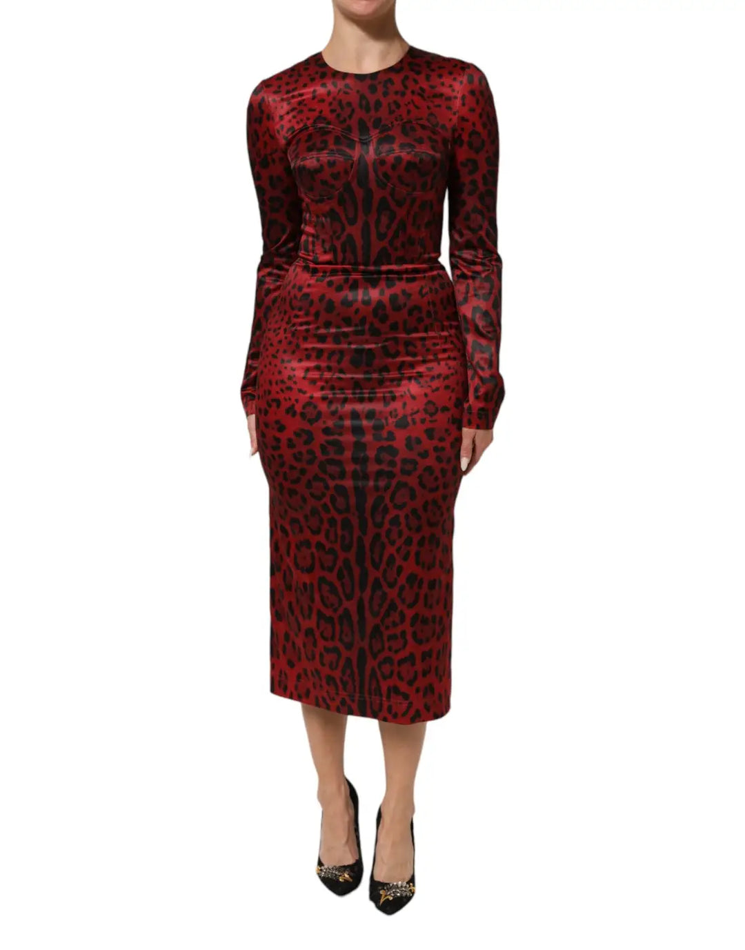 Dolce &amp; Gabbana Red Leopard Sheath Long Sleeves Dress