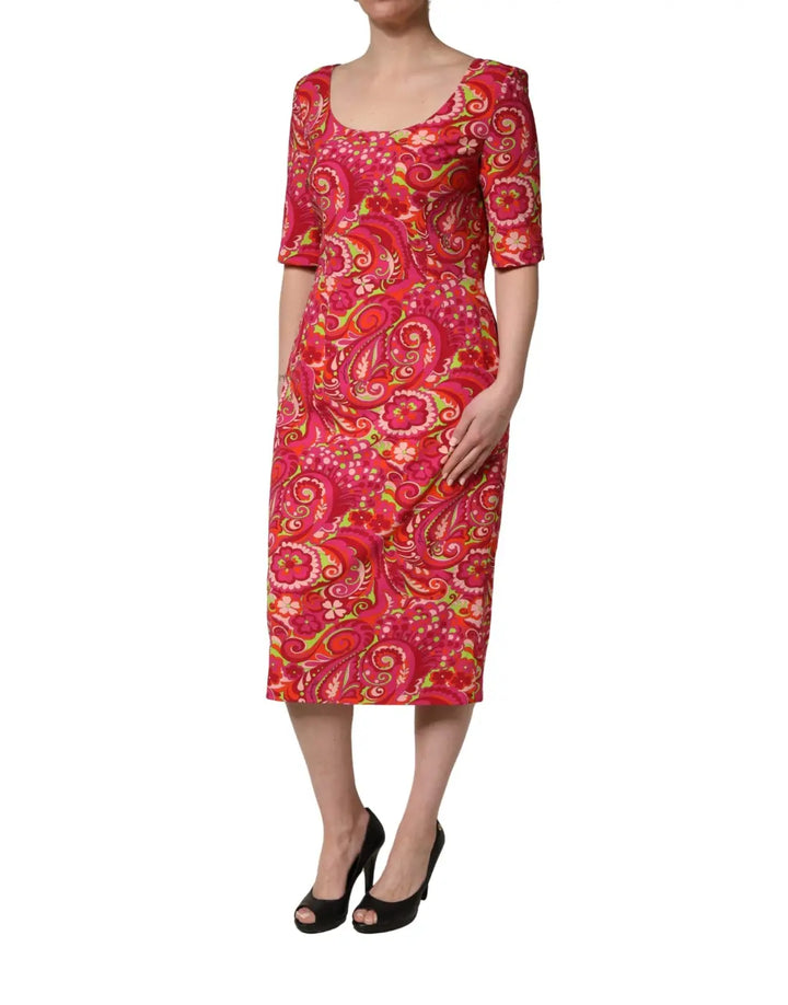 Dolce &amp; Gabbana Red Paisley Floral Print Sheath Midi Dress