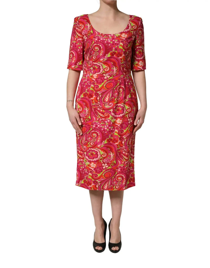 Dolce &amp; Gabbana Red Paisley Floral Print Sheath Midi Dress