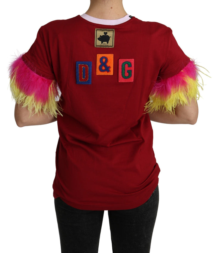 Dolce &amp; Gabbana - Red Pig Print Feather Sleeves T-shirt Top