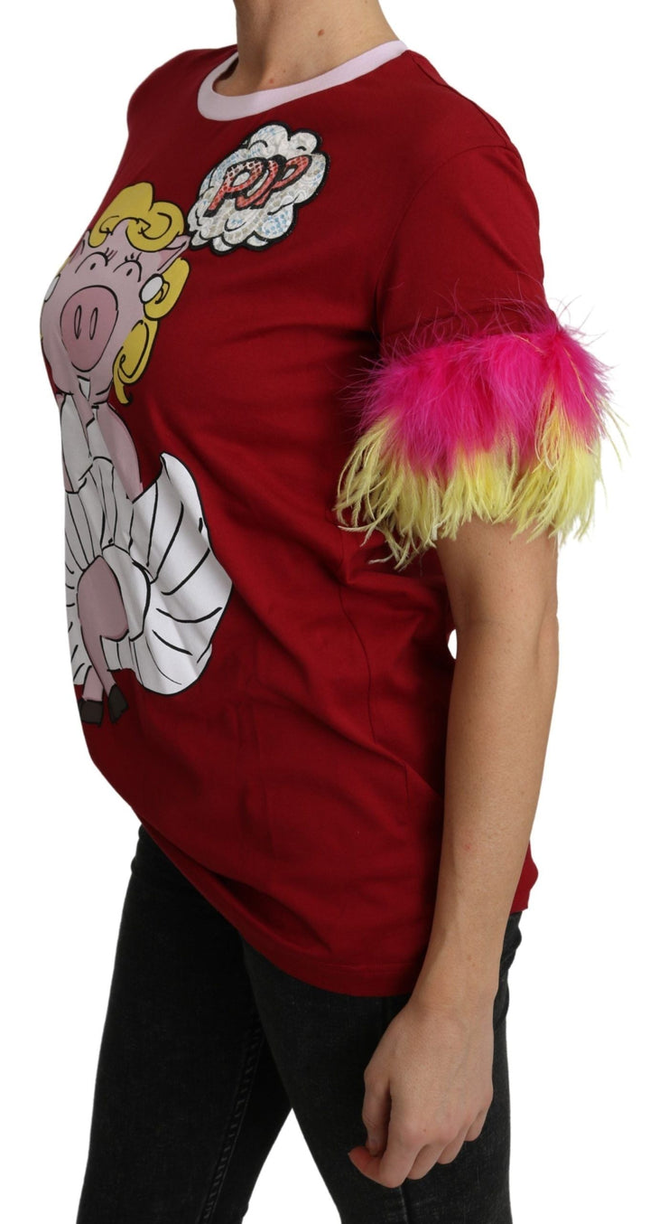 Dolce &amp; Gabbana - Red Pig Print Feather Sleeves T-shirt Top