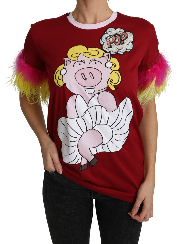 Dolce &amp; Gabbana - Red Pig Print Feather Sleeves T-shirt Top