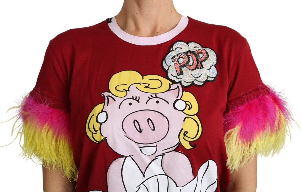 Dolce & Gabbana - Red Pig Print Feather Sleeves T-shirt Top