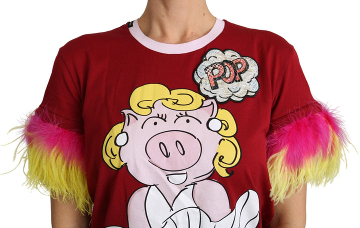 Dolce &amp; Gabbana - Red Pig Print Feather Sleeves T-shirt Top