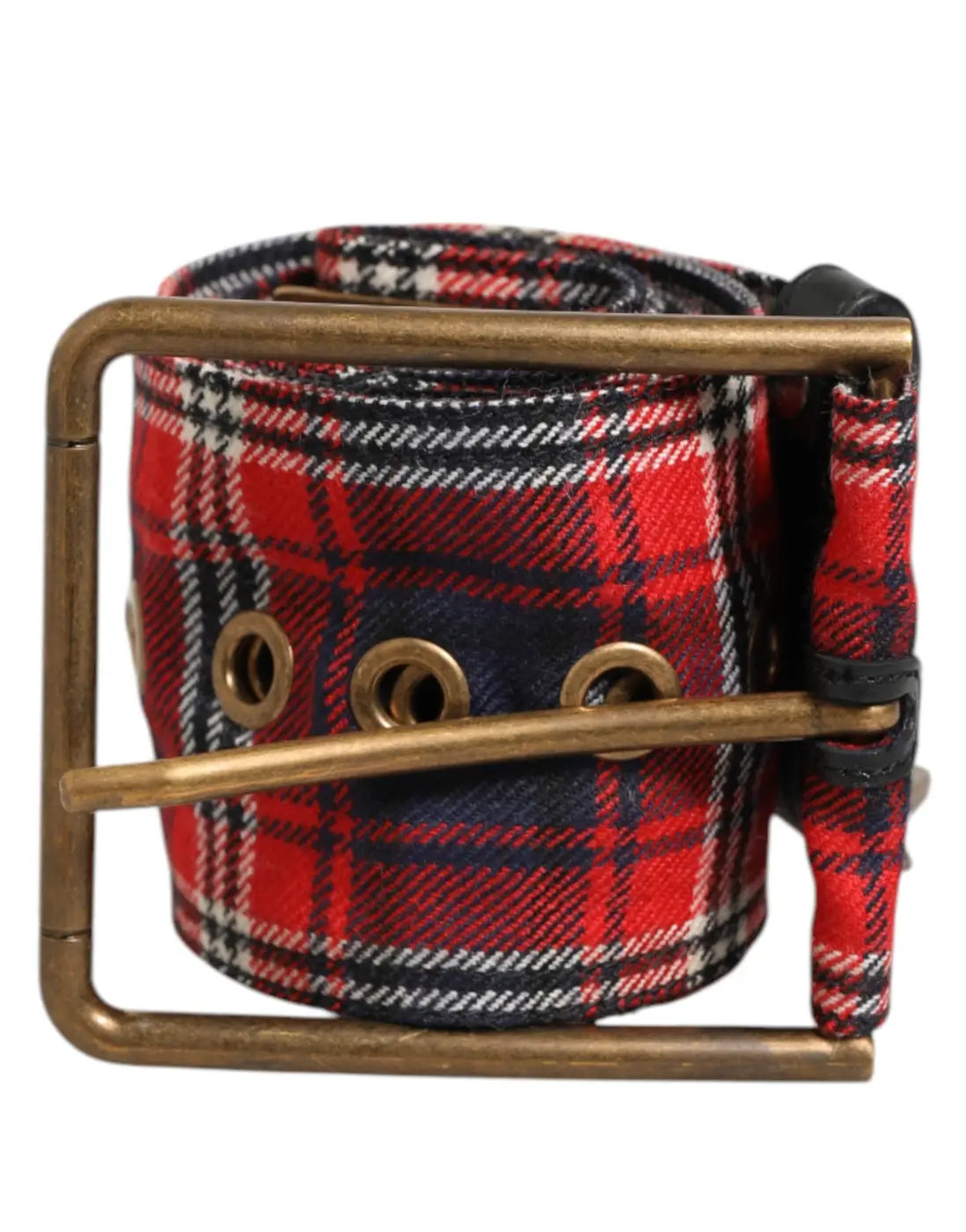 Dolce &amp; Gabbana Red Plaid Fabric Logo Plate Brass Buckle Belt