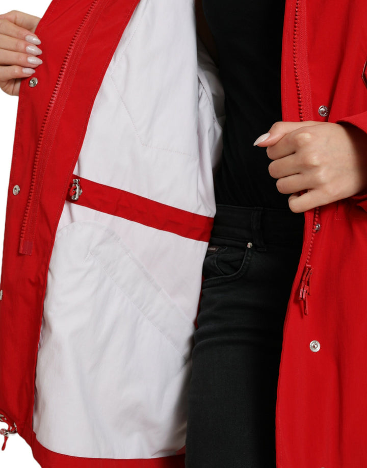 Dolce &amp; Gabbana Rain Coats - Red Polyester Hooded Button Coat Jacket