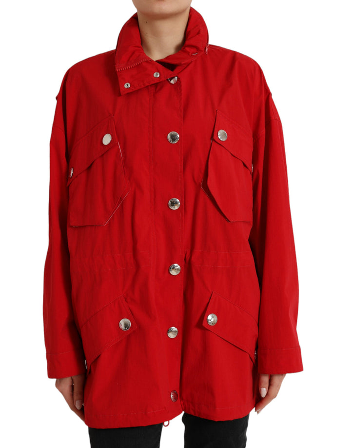 Dolce &amp; Gabbana Rain Coats - Red Polyester Hooded Button Coat Jacket