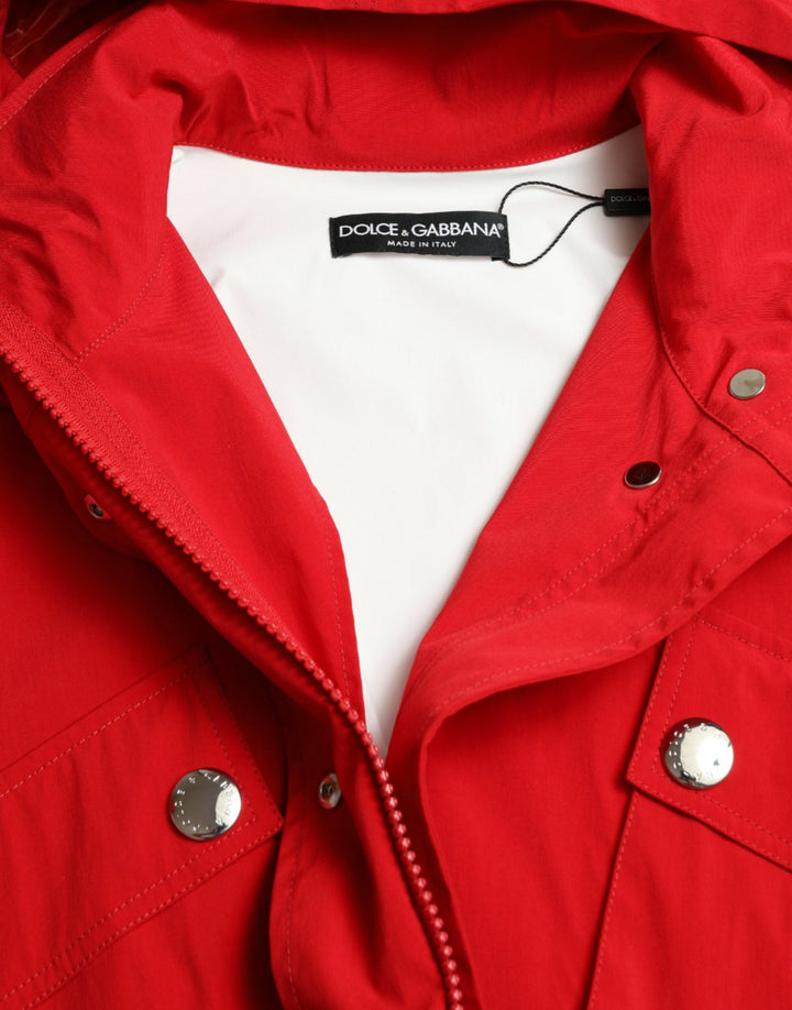 Dolce &amp; Gabbana Rain Coats - Red Polyester Hooded Button Coat Jacket
