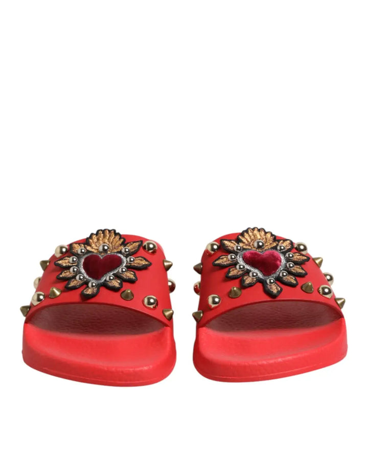 Dolce &amp; Gabbana Red Sacred Heart Stud Slides Beachwear Shoes