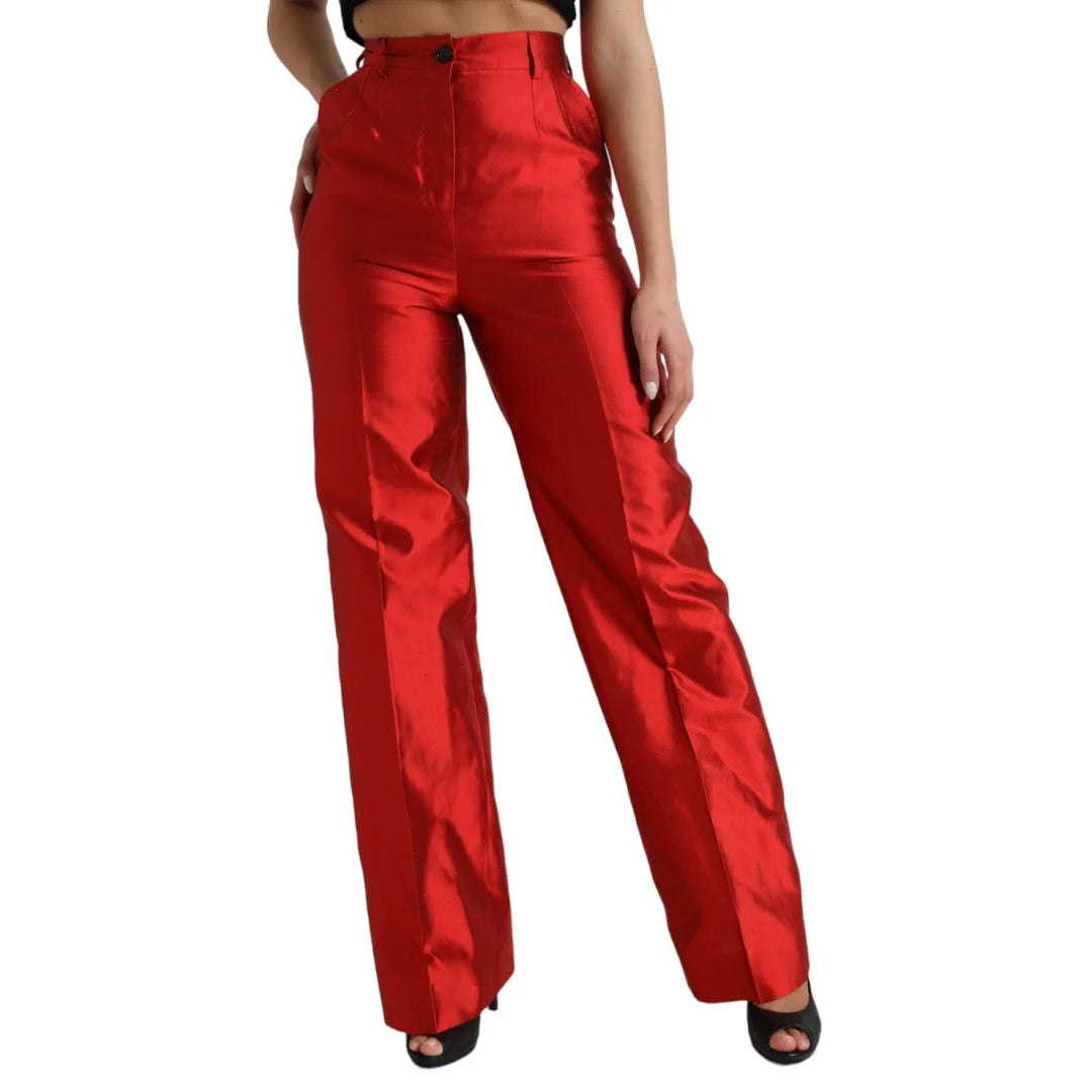 Dolce &amp; Gabbana Red Satin Silk High Waist Wide Leg Pants