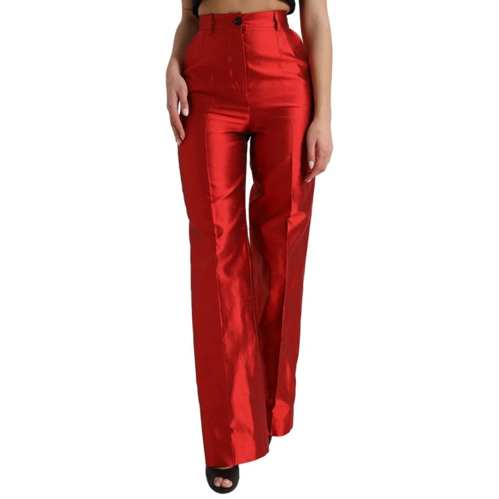 Dolce &amp; Gabbana Red Satin Silk High Waist Wide Leg Pants