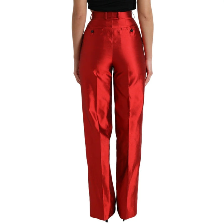 Dolce &amp; Gabbana Red Satin Silk High Waist Wide Leg Pants