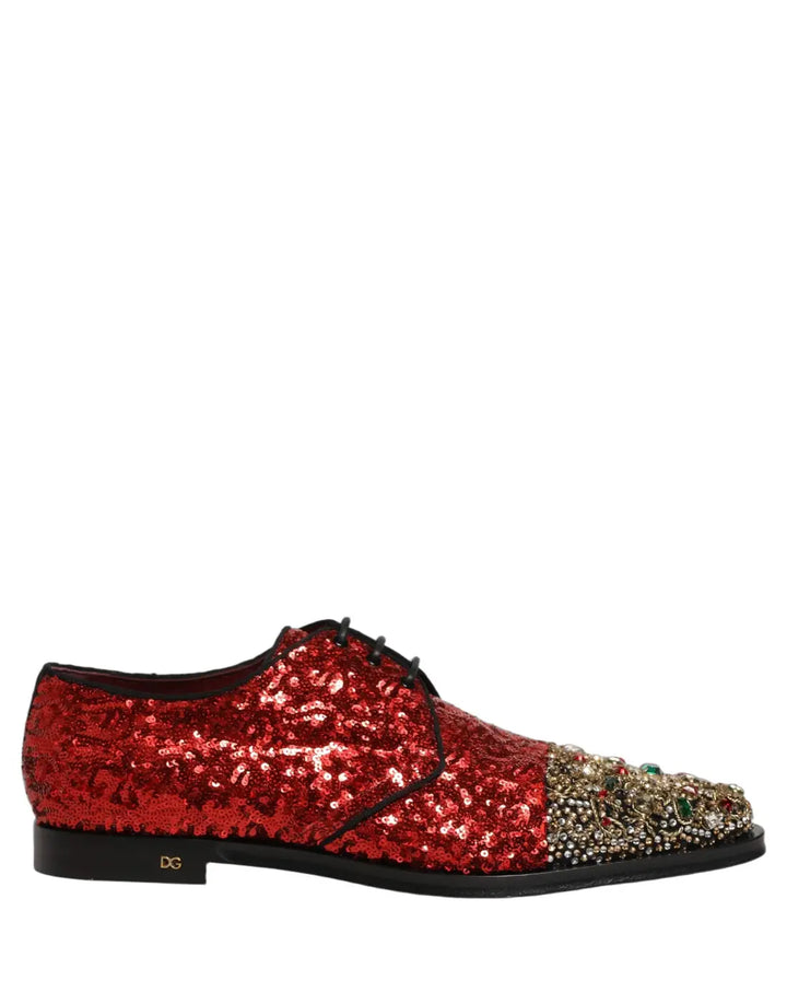 Dolce &amp; Gabbana Red Sequin Embellished Men Derby Dress Shoes