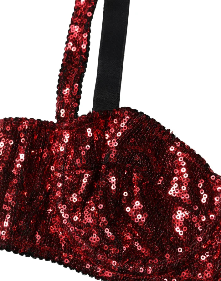 Dolce &amp; Gabbana Red Sequined Nylon Balconnet Bra Underwear