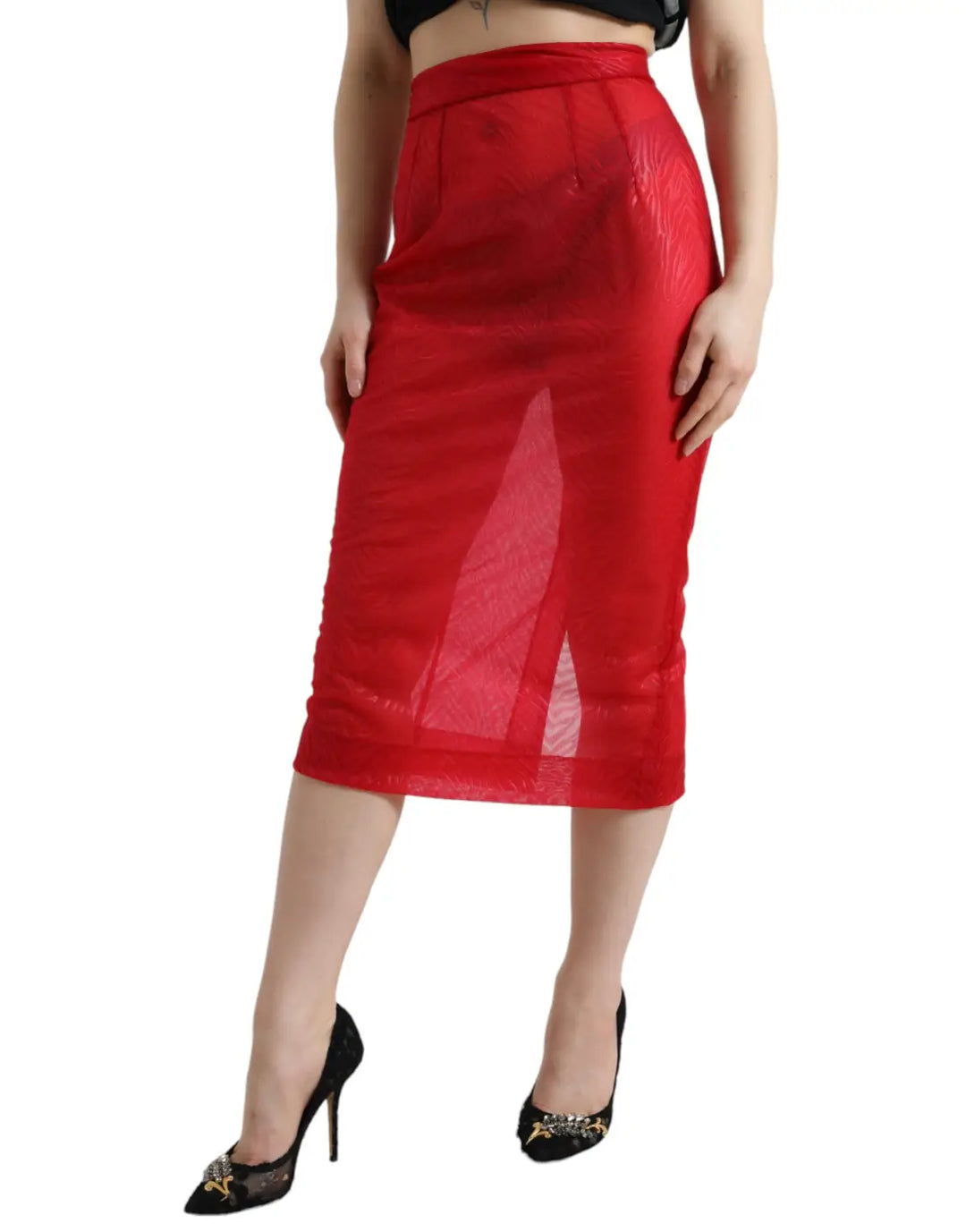 Dolce &amp; Gabbana Red Sheer High Waist Pencil Cut Midi Skirt