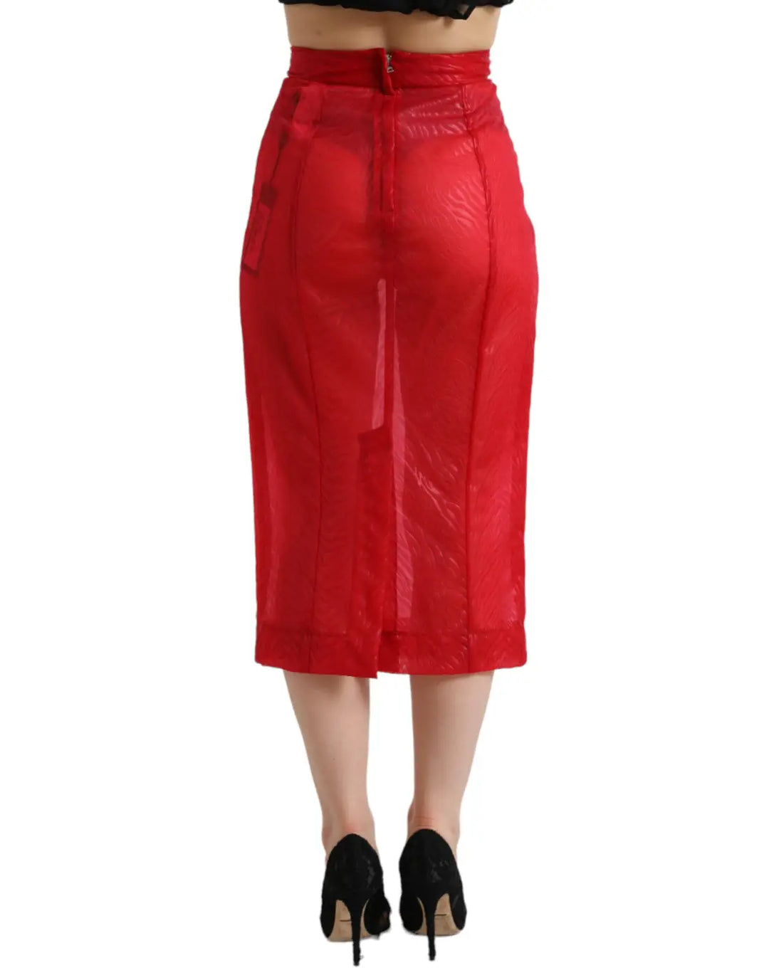 Dolce &amp; Gabbana Red Sheer High Waist Pencil Cut Midi Skirt
