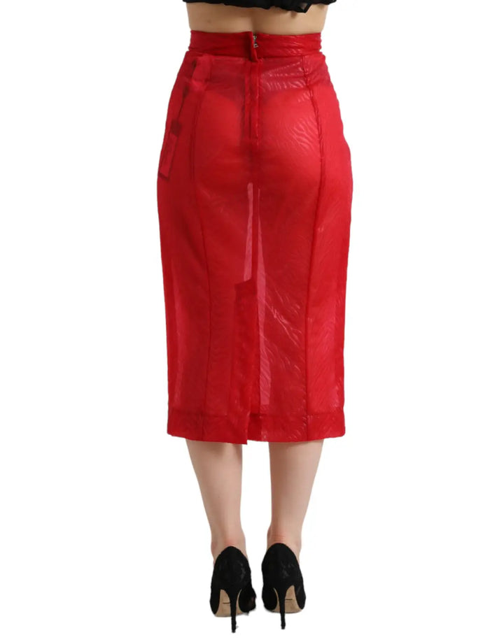 Dolce &amp; Gabbana Red Sheer High Waist Pencil Cut Midi Skirt