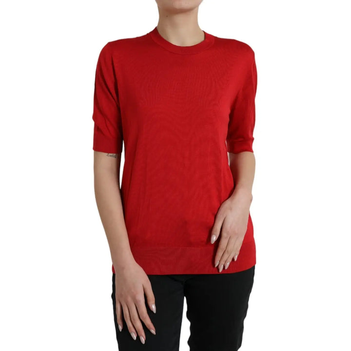 Dolce &amp; Gabbana Red Silk Crew Neck Short Sleeves Top T-shirt