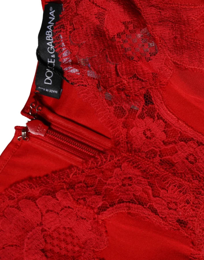 Dolce &amp; Gabbana Red Silk Floral Lace Lingerie Top Underwear
