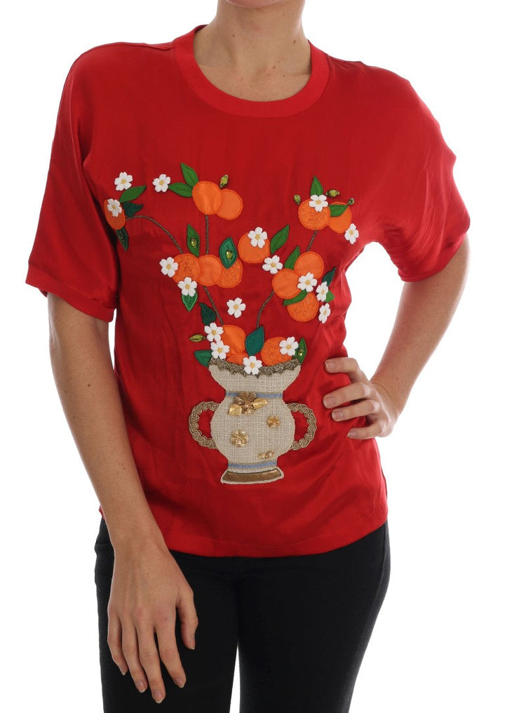 Dolce &amp; Gabbana - Red Silk Orange Vase Crystal Top