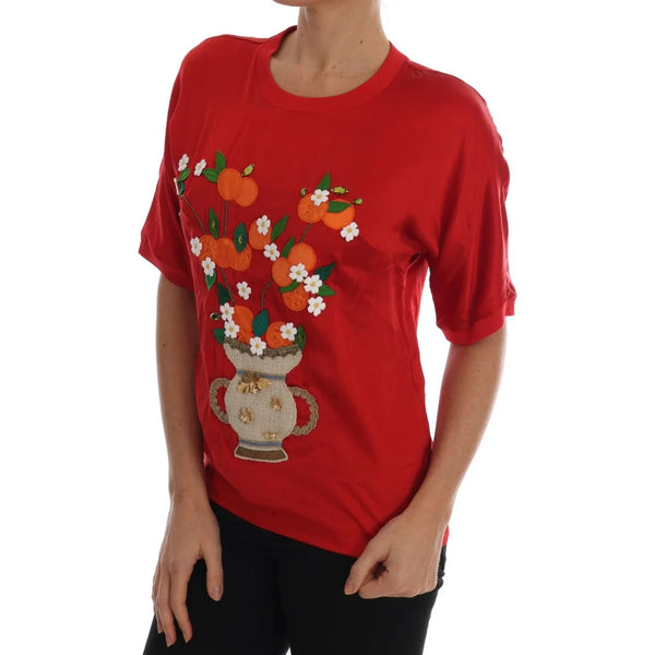 Dolce & Gabbana Red Silk Orange Vase Crystal Top