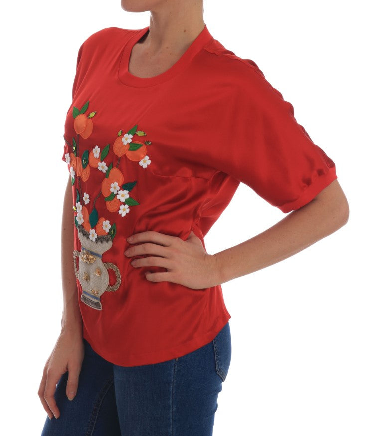 Dolce &amp; Gabbana - Red Silk Oranges Floral Crystal Blouse