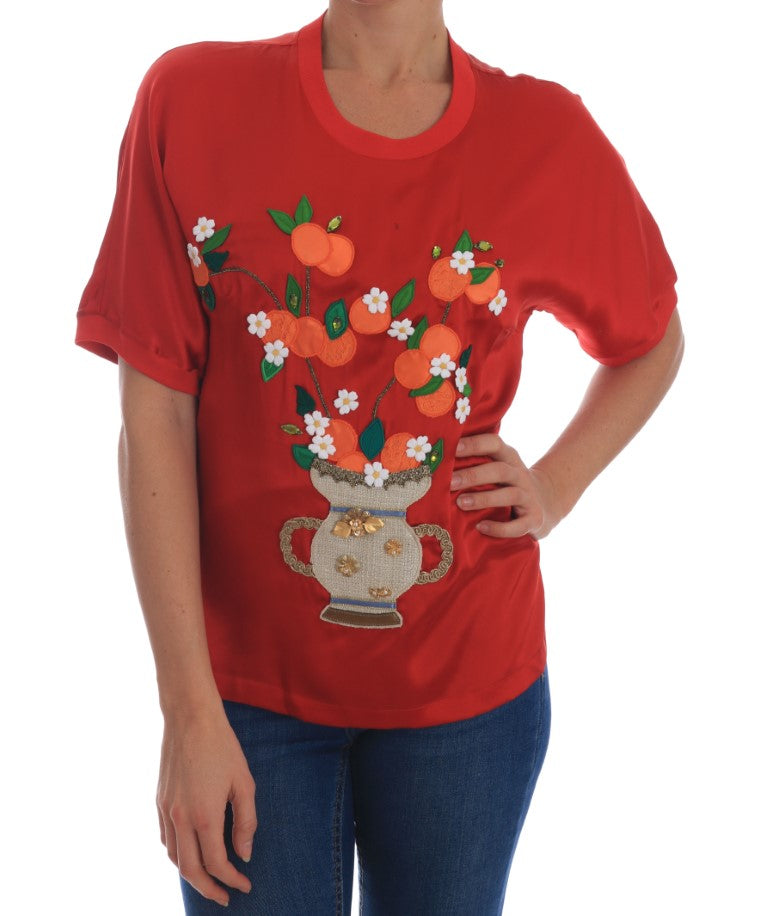 Dolce &amp; Gabbana - Red Silk Oranges Floral Crystal Blouse