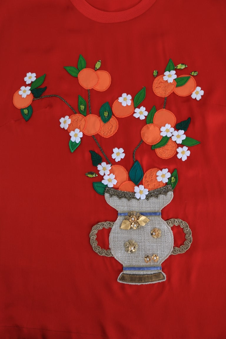 Dolce &amp; Gabbana - Red Silk Oranges Floral Crystal Blouse