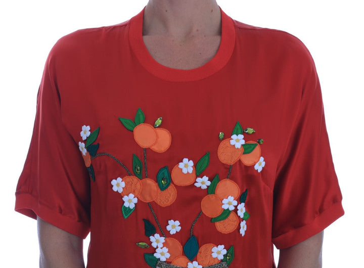 Dolce &amp; Gabbana - Red Silk Oranges Floral Crystal Blouse
