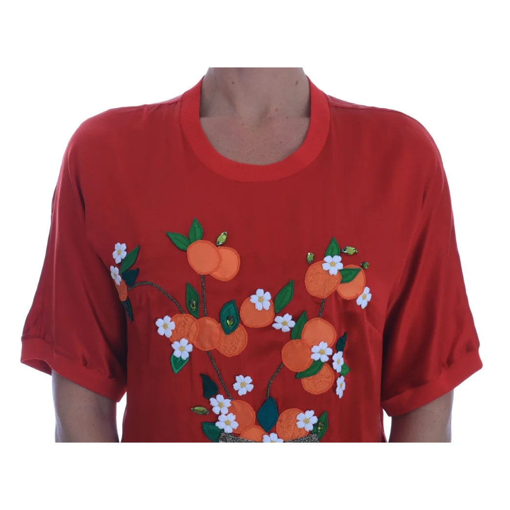 Dolce & Gabbana Red Silk Oranges Floral Crystal Blouse
