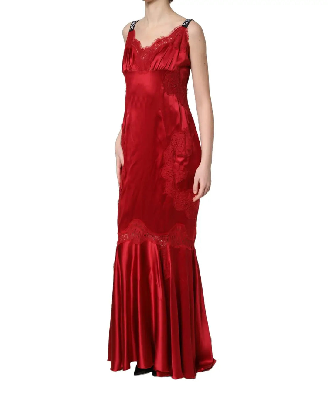 Dolce &amp; Gabbana Red Silk Sleeveless Maxi Long Lace Trim Dress