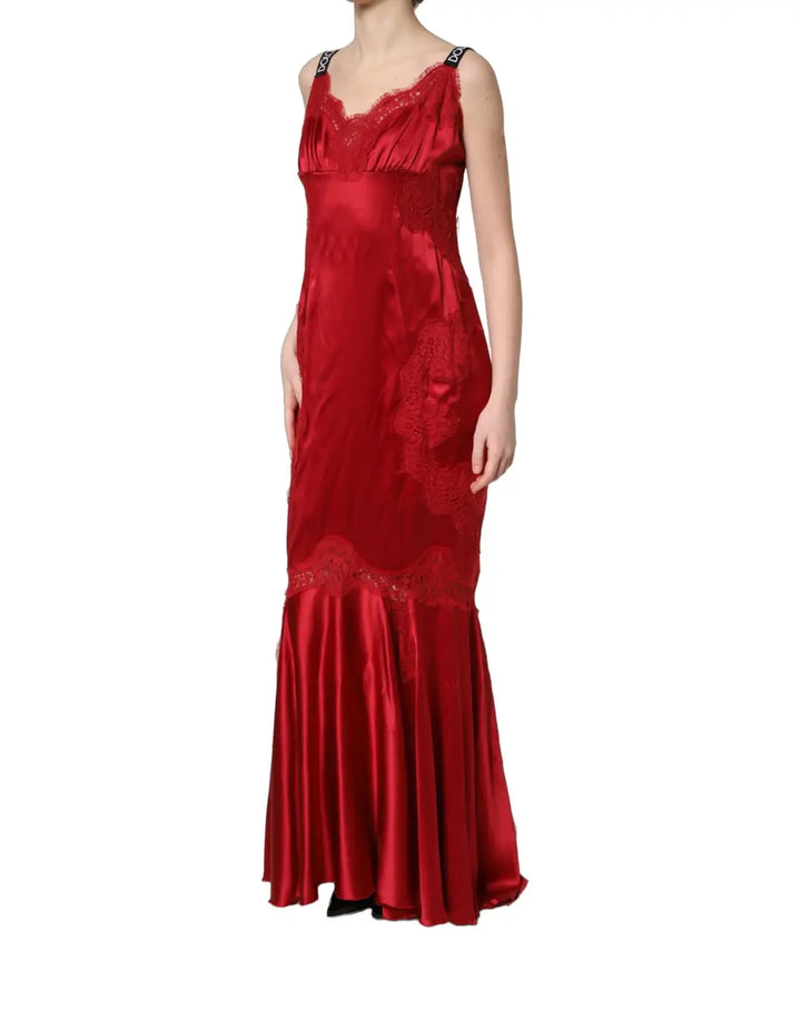Dolce &amp; Gabbana Red Silk Sleeveless Maxi Long Lace Trim Dress