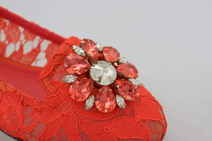 Dolce &amp; Gabbana Red Taormina Lace Crystals Ballet Flats Shoes