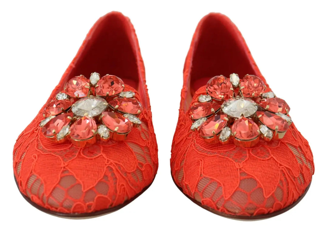Dolce &amp; Gabbana Red Taormina Lace Crystals Ballet Flats Shoes