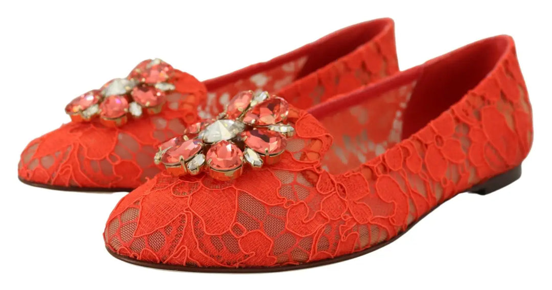Dolce &amp; Gabbana Red Taormina Lace Crystals Ballet Flats Shoes