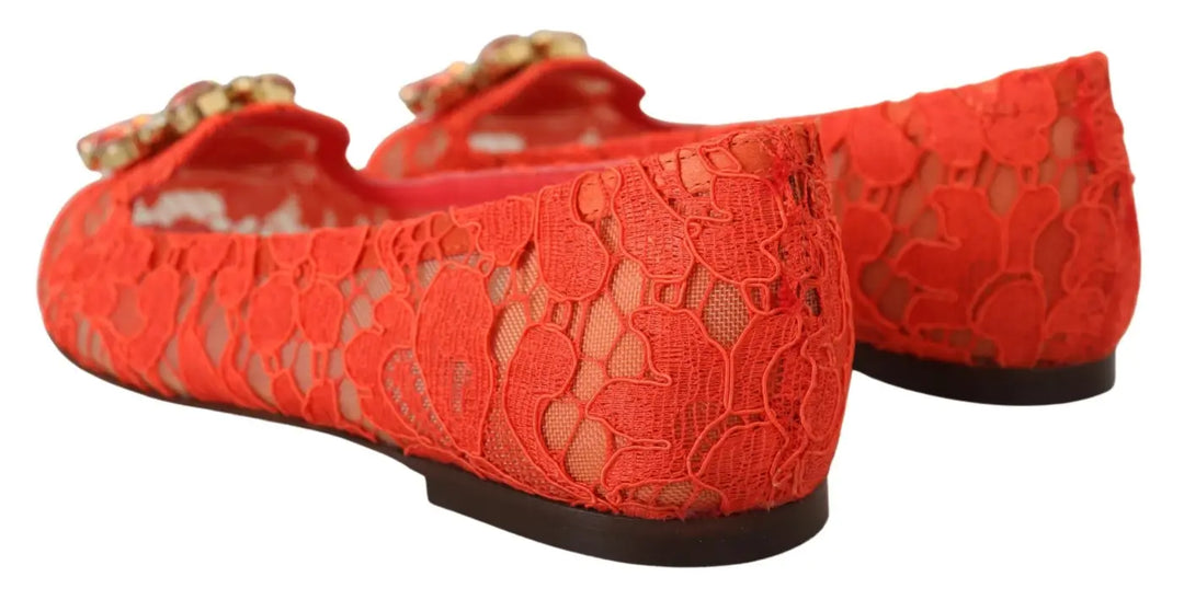 Dolce &amp; Gabbana Red Taormina Lace Crystals Ballet Flats Shoes