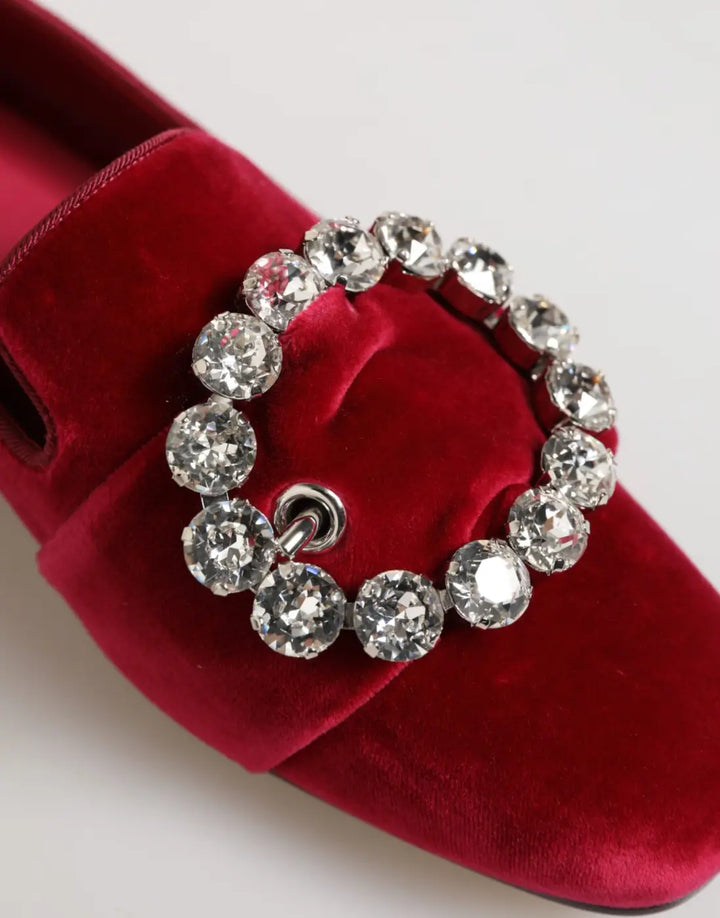 Dolce &amp; Gabbana Red Velvet Crystal Buckle Loafers Flats Shoes