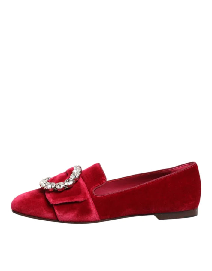 Dolce &amp; Gabbana Red Velvet Crystal Buckle Loafers Flats Shoes