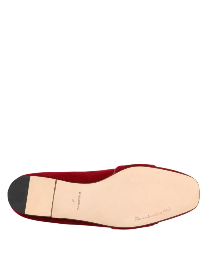 Dolce &amp; Gabbana Red Velvet Crystal Buckle Loafers Flats Shoes