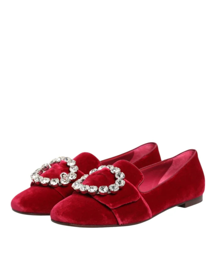 Dolce &amp; Gabbana Red Velvet Crystal Buckle Loafers Flats Shoes
