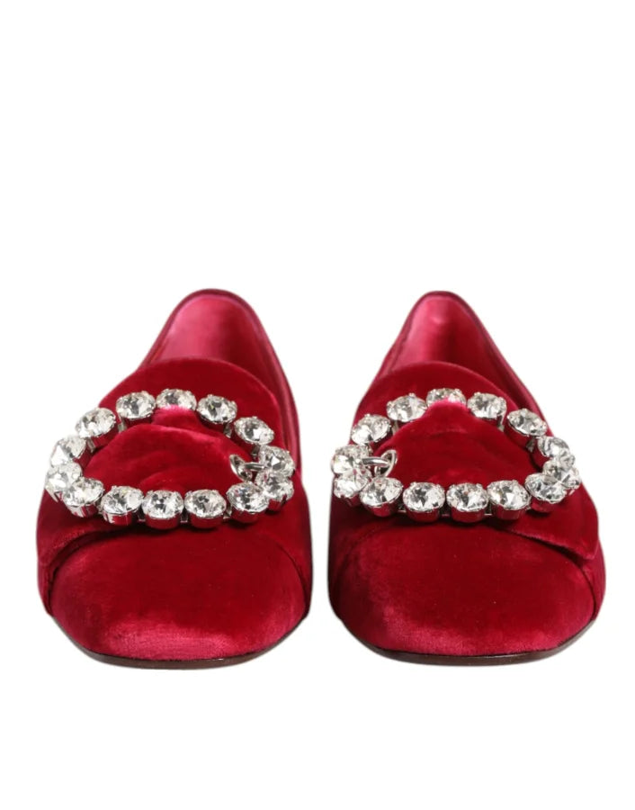 Dolce &amp; Gabbana Red Velvet Crystal Buckle Loafers Flats Shoes