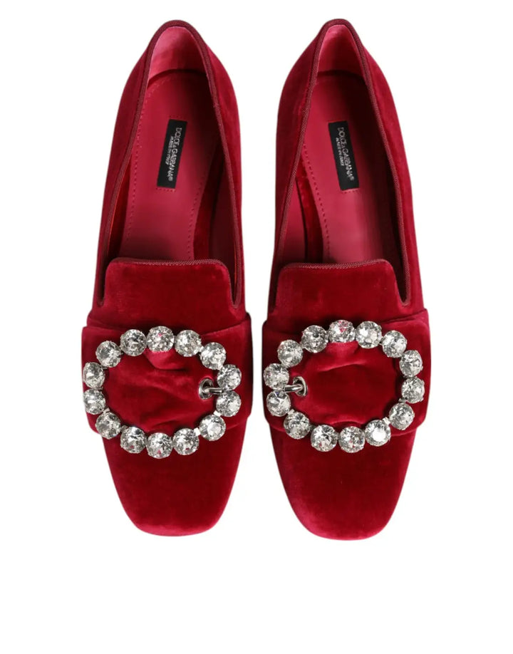 Dolce &amp; Gabbana Red Velvet Crystal Buckle Loafers Flats Shoes