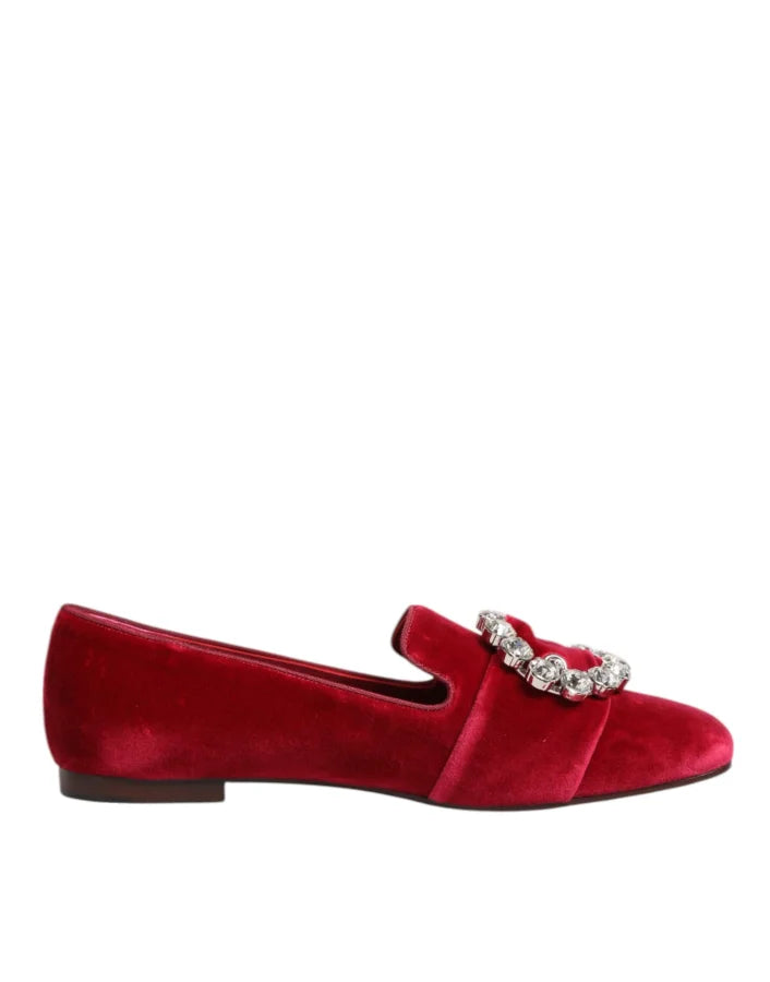 Dolce &amp; Gabbana Red Velvet Crystal Buckle Loafers Flats Shoes